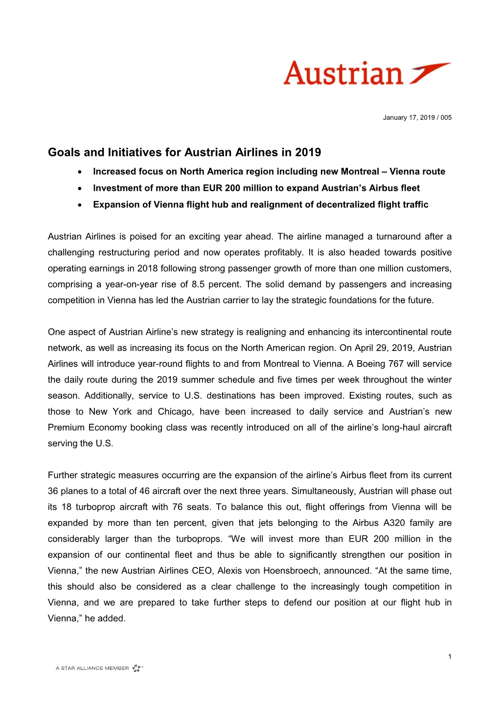 Goals and Initiatives for Austrian Airlines in 2019