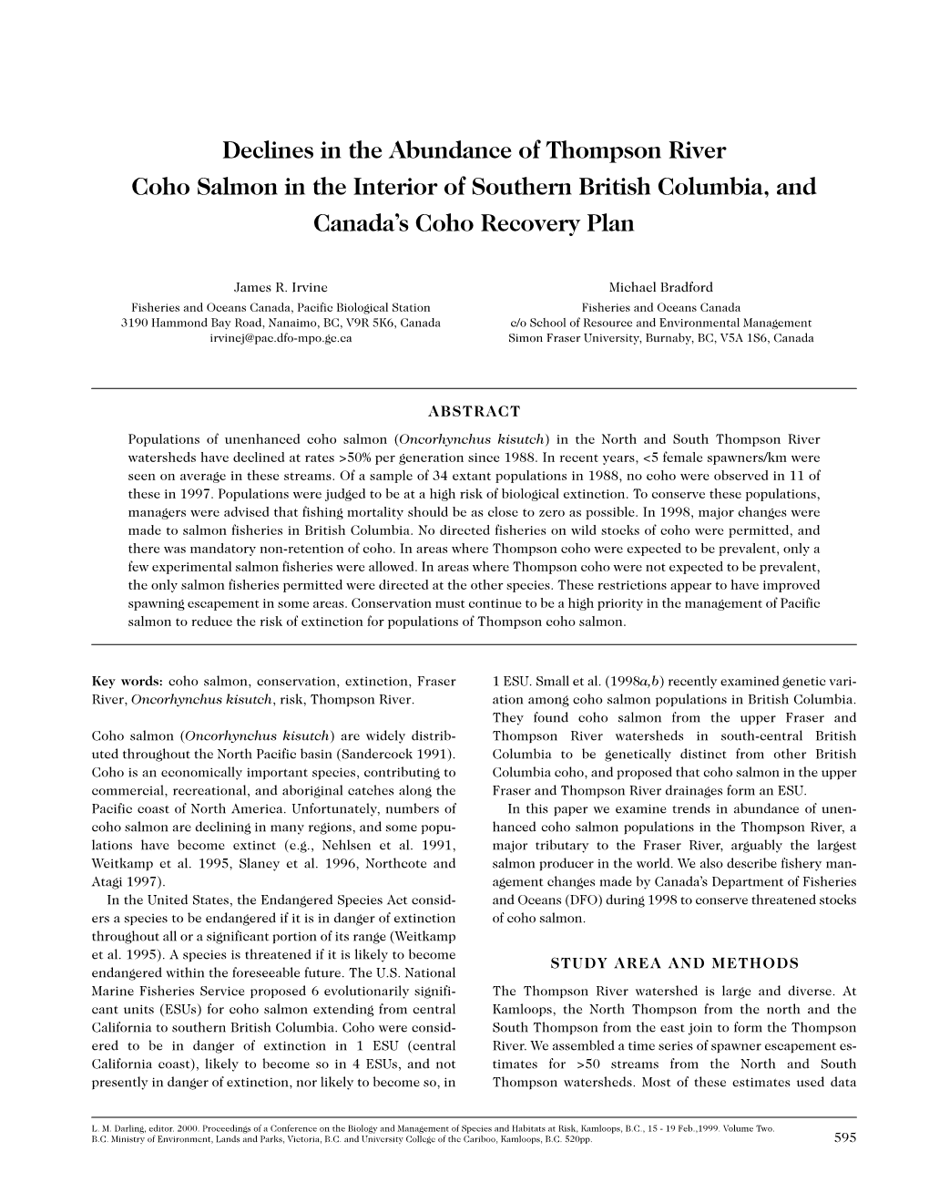 Declines in the Abundance of Thompson River Coho Salmon in the Interior of Southern British Columbia, and Canada’S Coho Recovery Plan