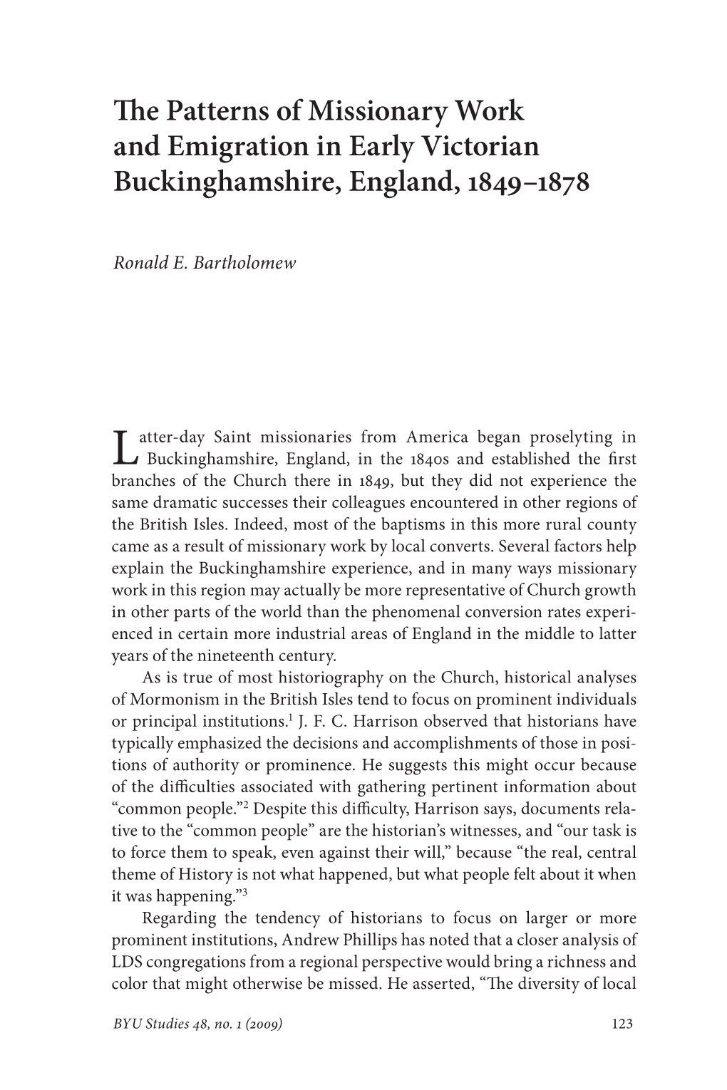 The Patterns of Missionary Work and Emigration in Early Victorian ­Buckinghamshire, England, 1849–1878