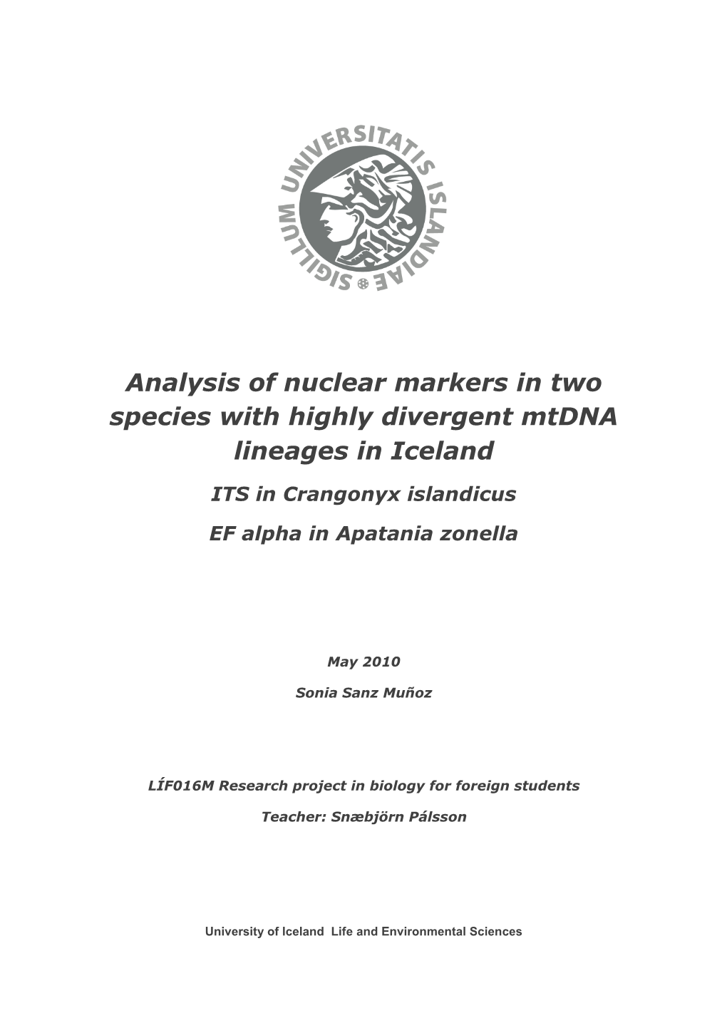 Analysis of Nuclear Markers in Two Species with Highly Divergent Mtdna Lineages in Iceland