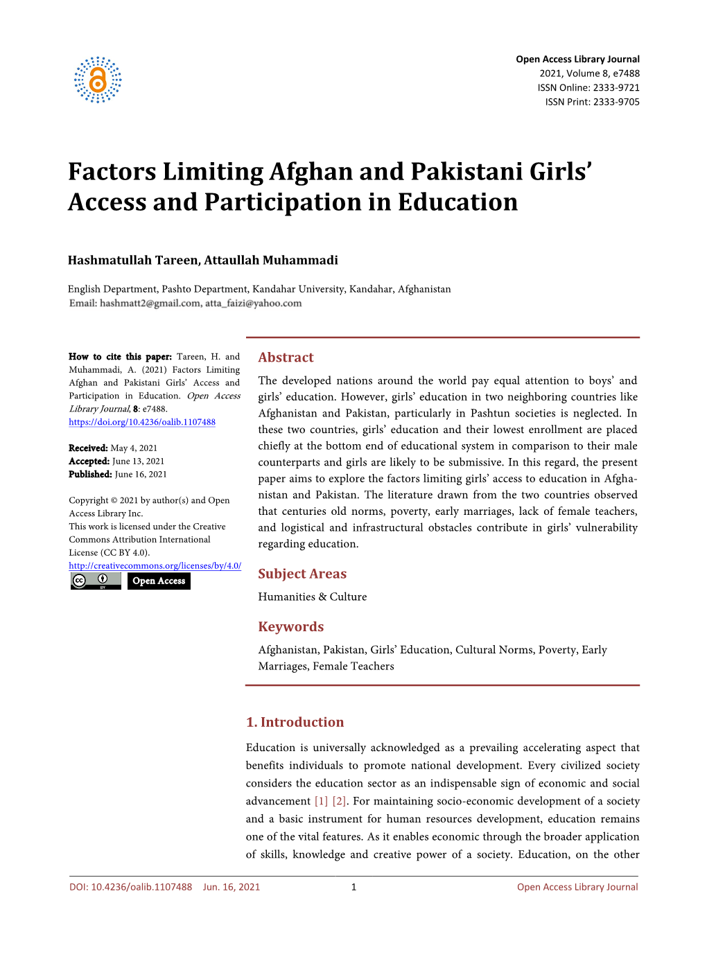 Factors Limiting Afghan and Pakistani Girls' Access and Participation in Education