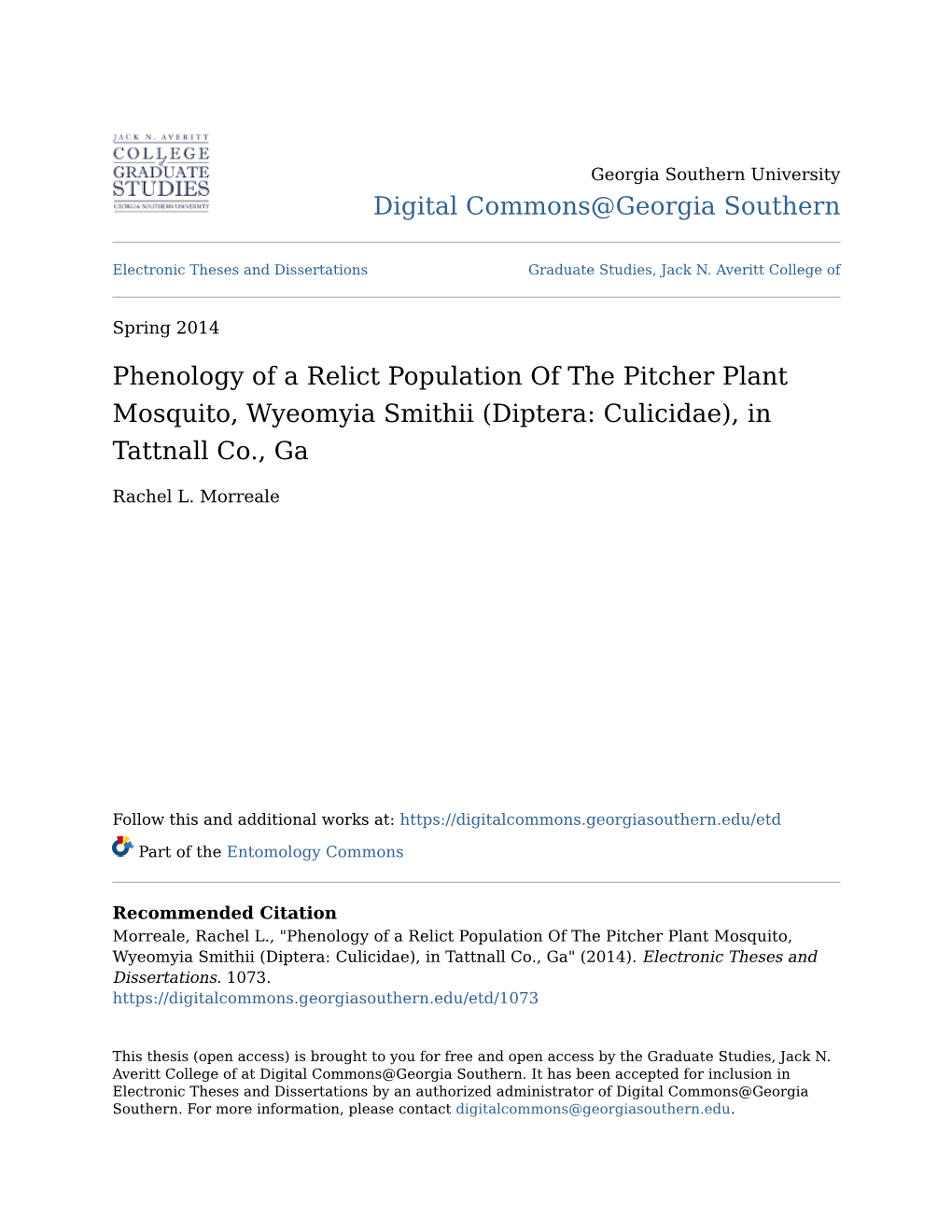 Phenology of a Relict Population of the Pitcher Plant Mosquito, Wyeomyia Smithii (Diptera: Culicidae), in Tattnall Co., Ga