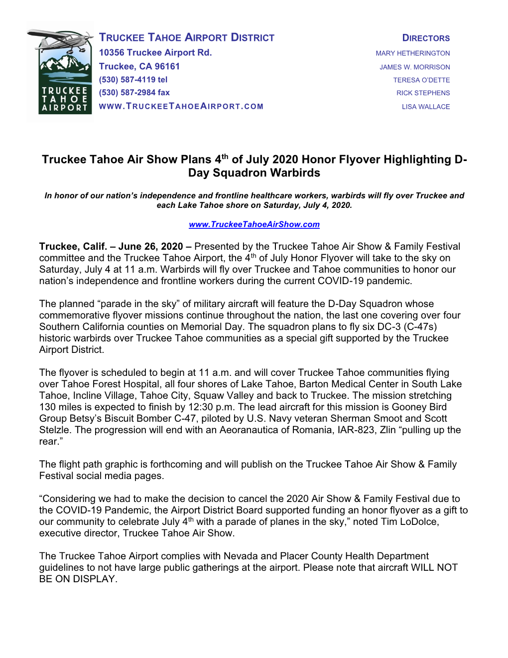 Truckee Tahoe Air Show Plans 4Th of July 2020 Honor Flyover Highlighting D- Day Squadron Warbirds