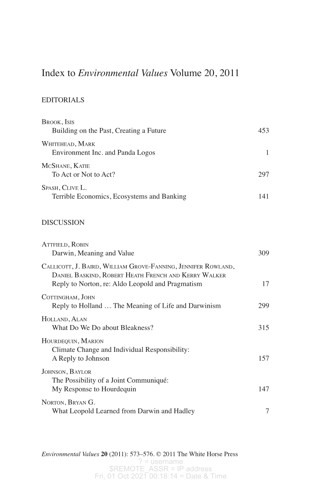 To Environmental Values Volume 20, 2011