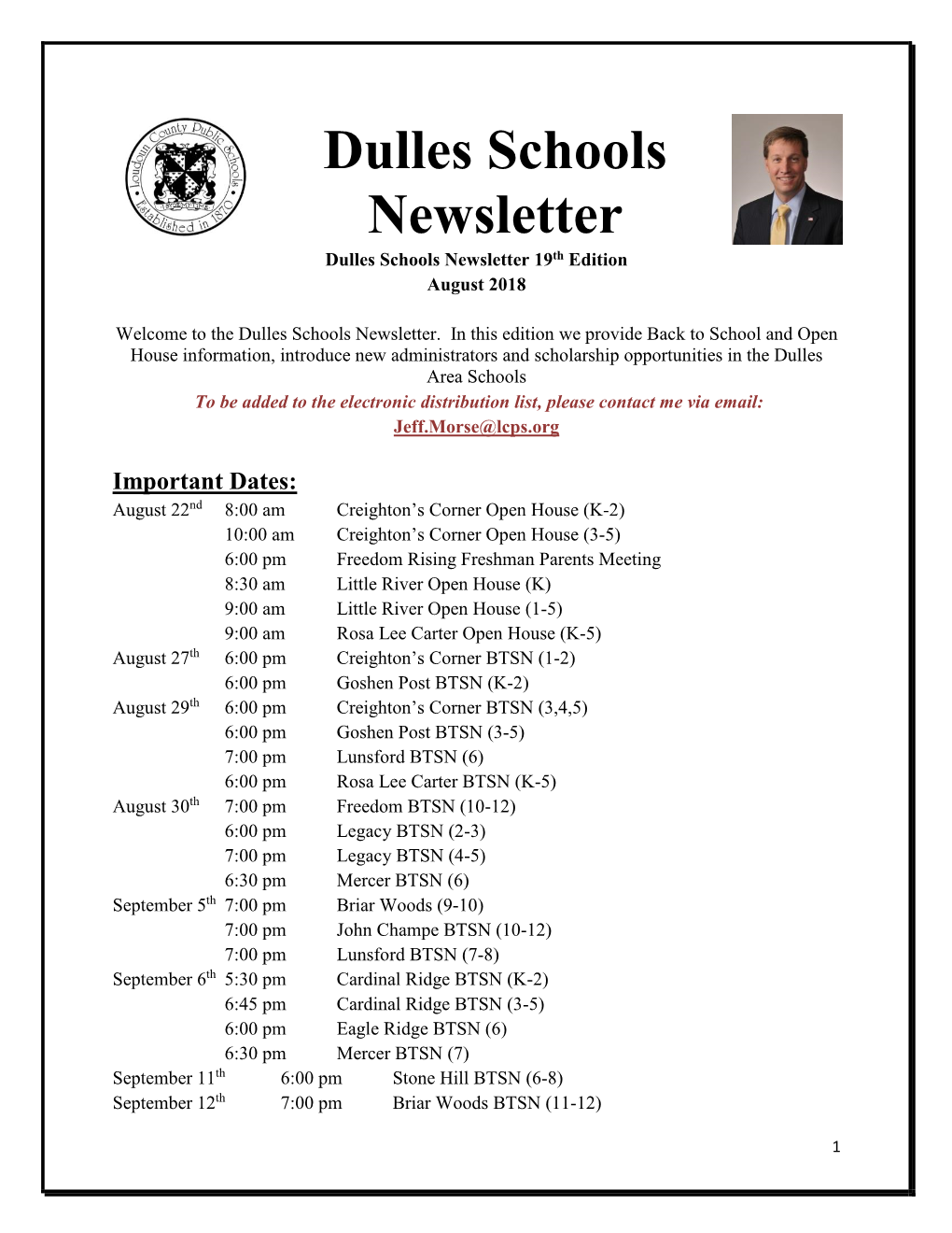 Dulles Schools Newsletter Dulles Schools Newsletter 19Th Edition August 2018
