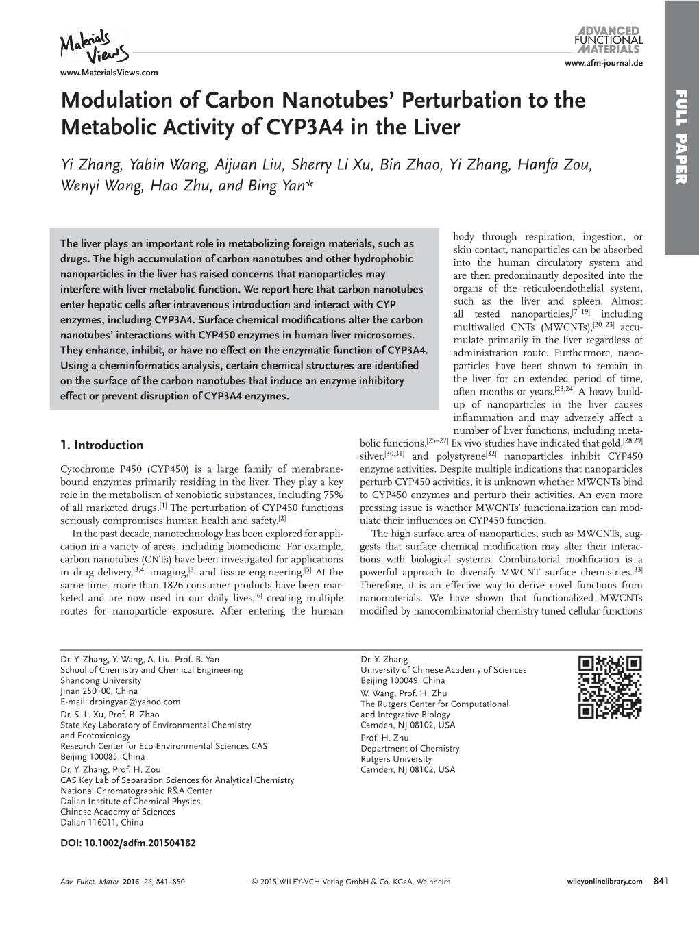 Modulation of Carbon Nanotubes' Perturbation to the Metabolic Activity of CYP3A4 in the Liver