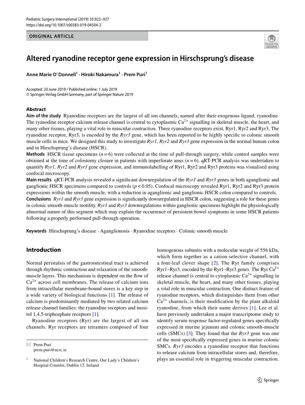 Altered Ryanodine Receptor Gene Expression in Hirschsprung's Disease