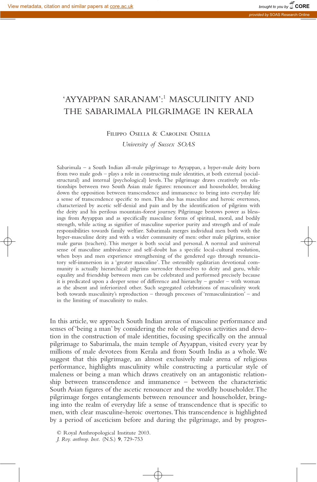 Ayyappan Saranam’:1 Masculinity and the Sabarimala Pilgrimage in Kerala