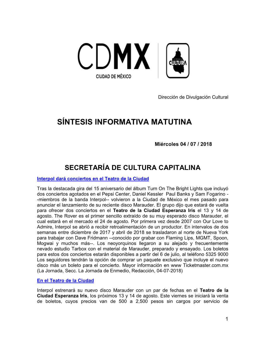 Síntesis Informativa Matutina