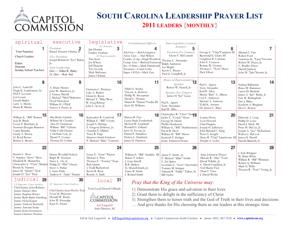 South Carolina Leadership Prayer List 2011 Leaders {Monthly}