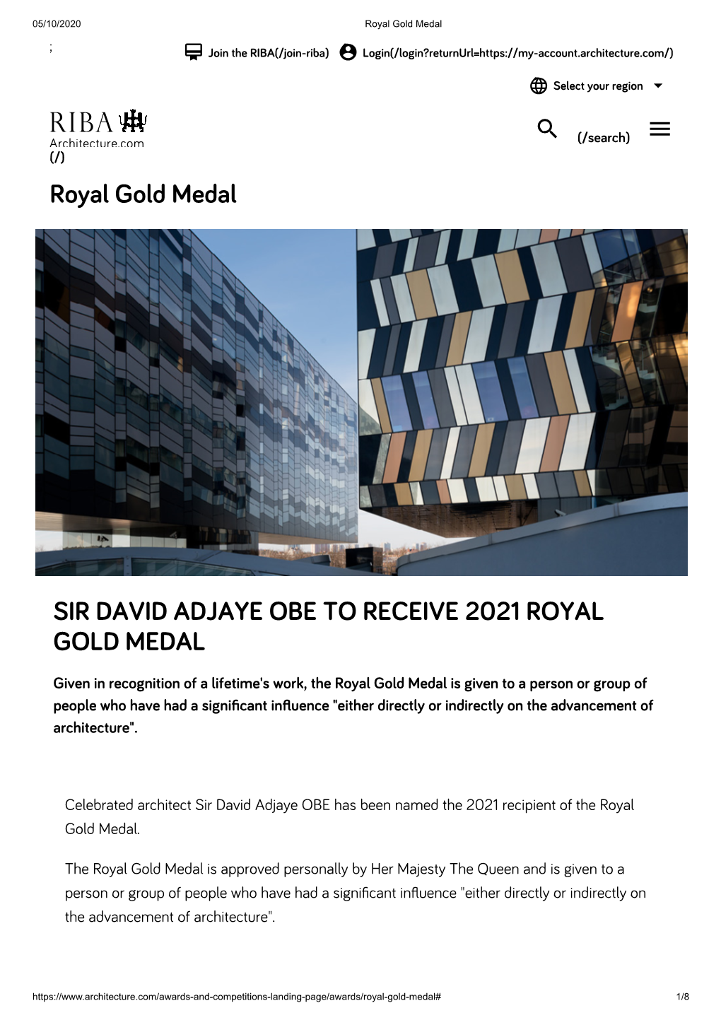 Royal Gold Medal SIR DAVID ADJAYE OBE to RECEIVE 2021