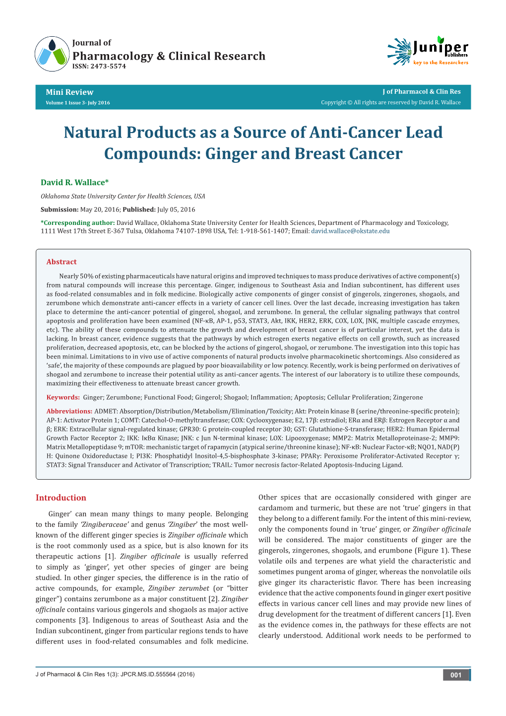Natural Products As a Source of Anti-Cancer Lead Compounds: Ginger and Breast Cancer