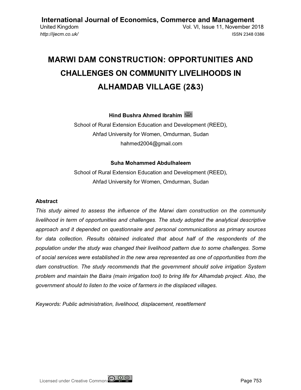 Marwi Dam Construction: Opportunities and Challenges on Community Livelihoods in Alhamdab Village (2&3)