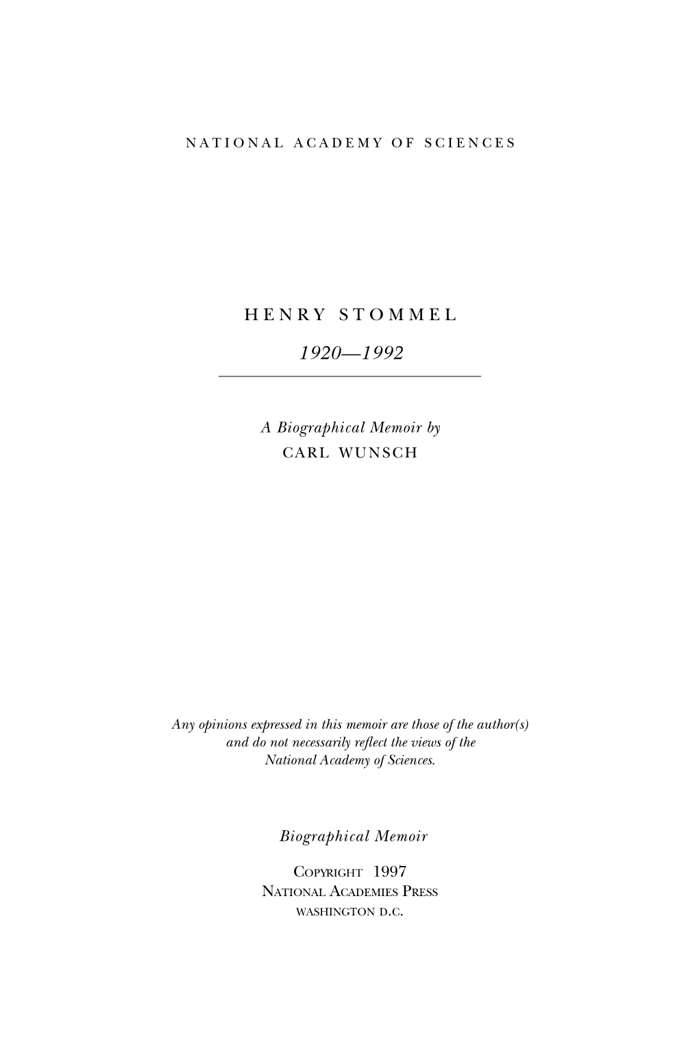 HENRY STOMMEL September 27, 1920–January 17, 1992