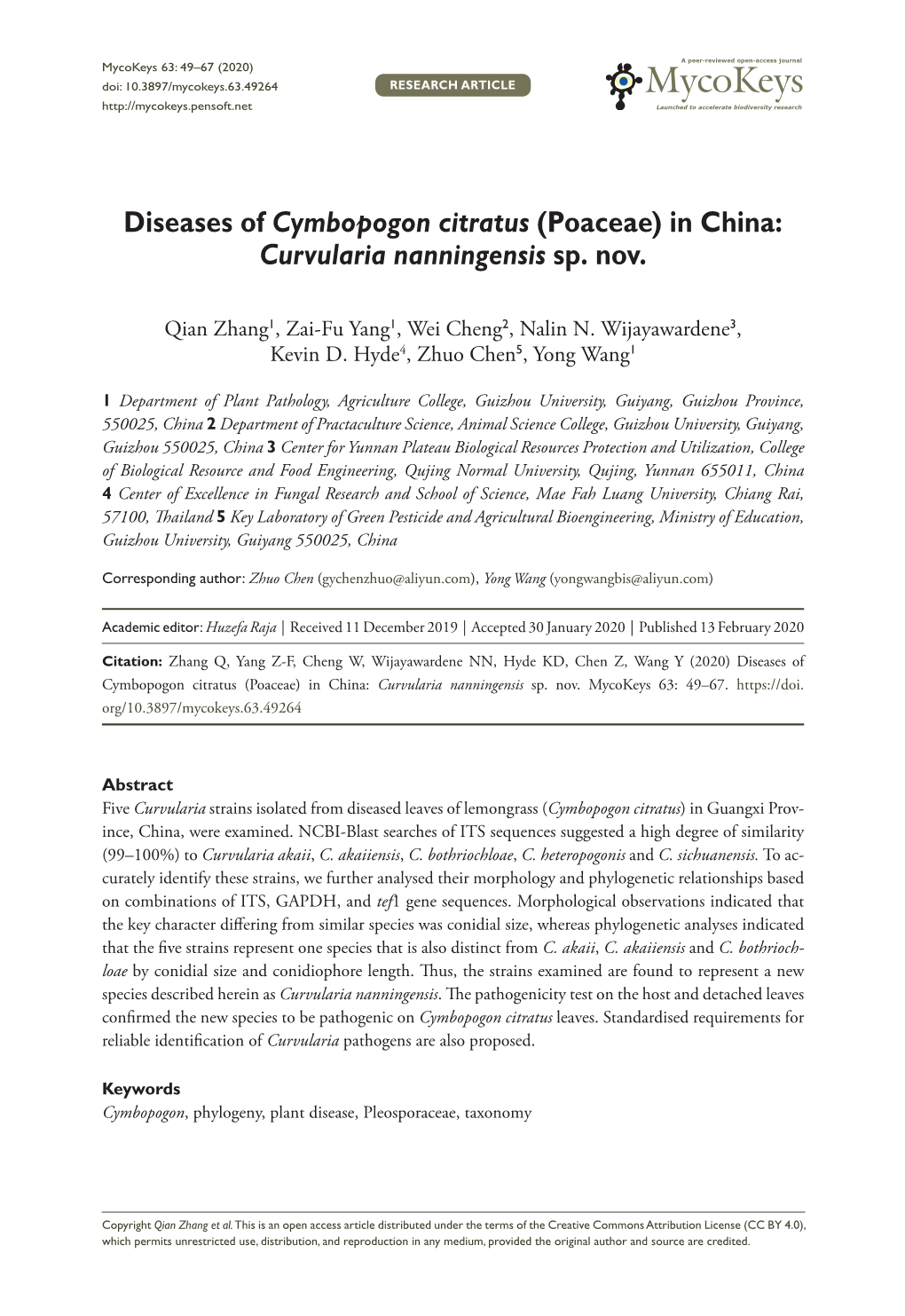 ﻿Diseases of Cymbopogon Citratus (Poaceae) in China