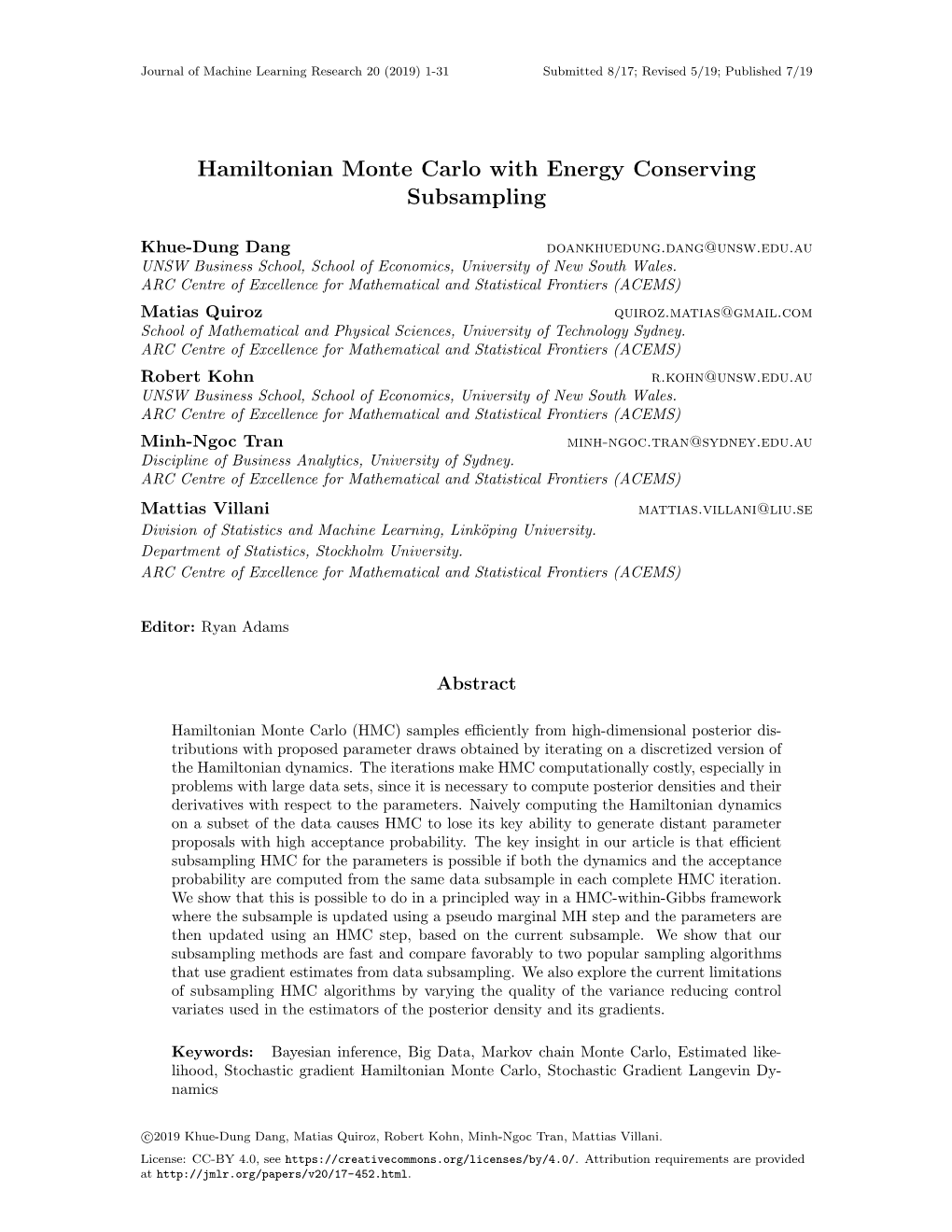 Hamiltonian Monte Carlo with Energy Conserving Subsampling