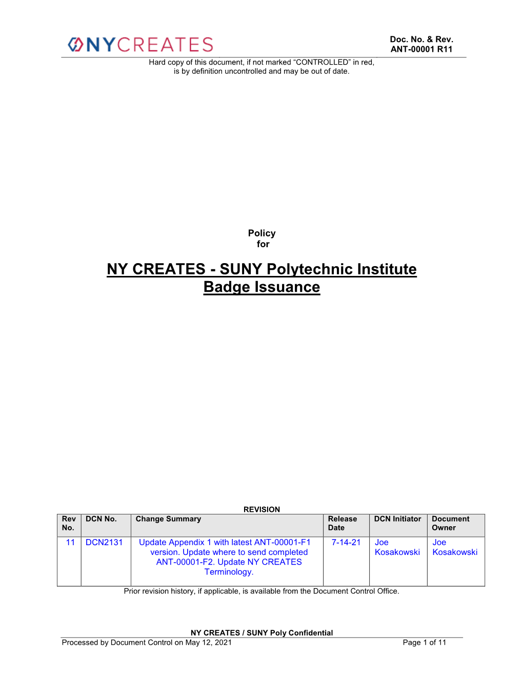 SUNY Polytechnic Institute Badge Issuance Policy ANT-00001 R11