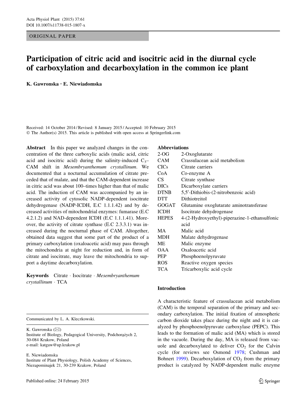 Participation of Citric Acid and Isocitric Acid in the Diurnal Cycle of Carboxylation and Decarboxylation in the Common Ice Plant