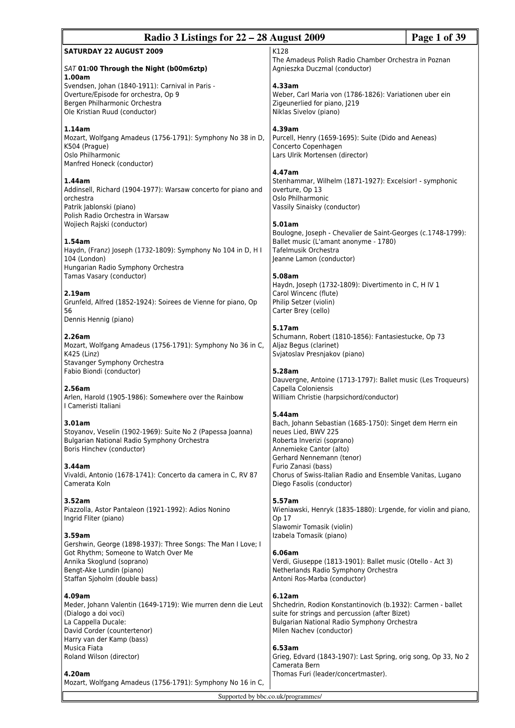 Radio 3 Listings for 22 – 28 August 2009 Page 1