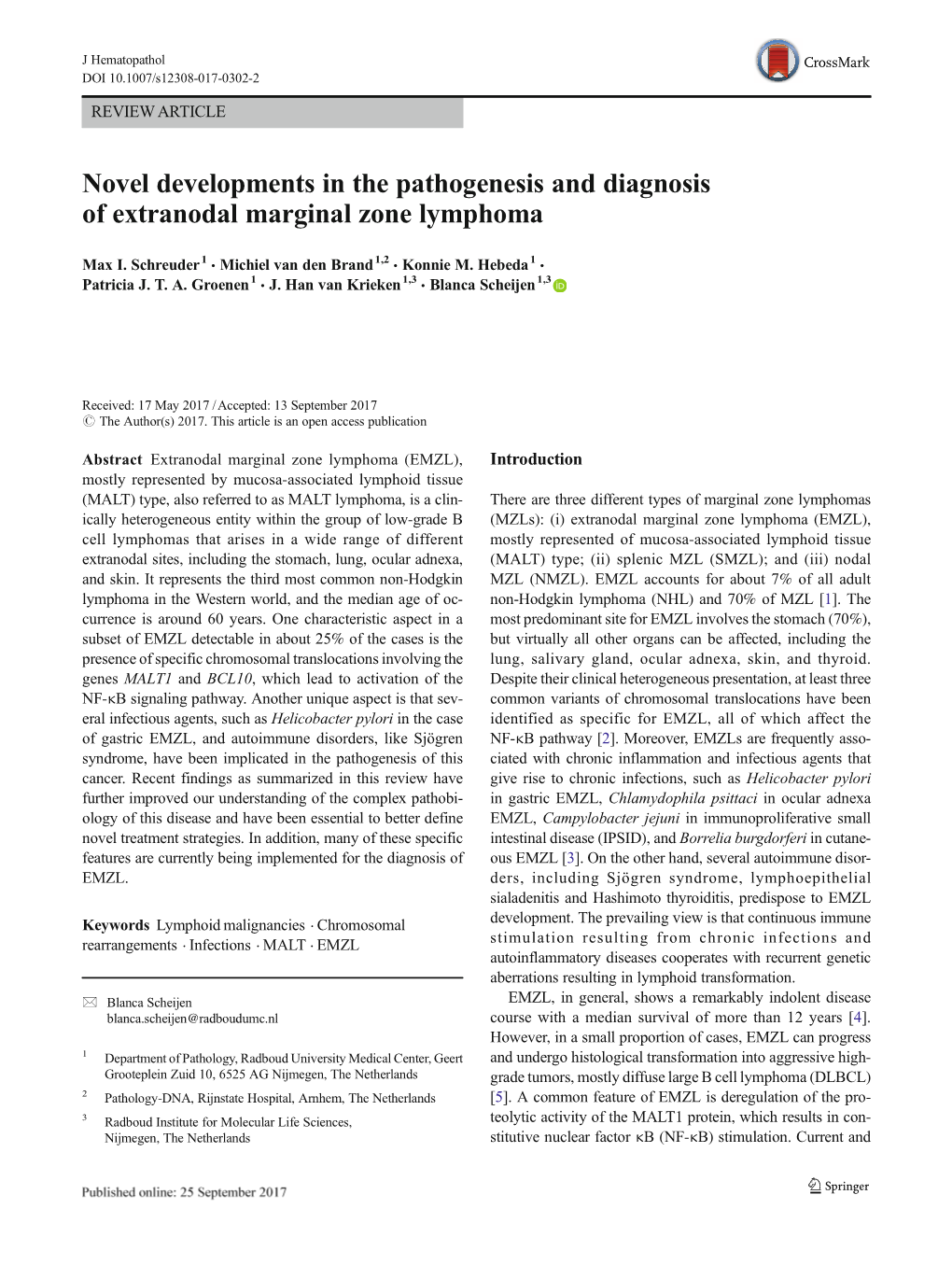 Novel Developments in the Pathogenesis and Diagnosis of Extranodal Marginal Zone Lymphoma