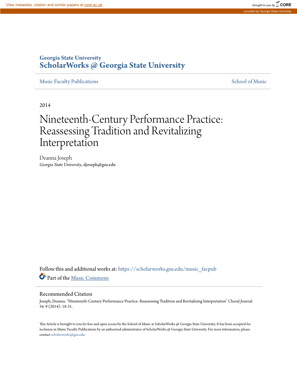 Reassessing Tradition and Revitalizing Interpretation Deanna Joseph Georgia State University, Djoseph@Gsu.Edu