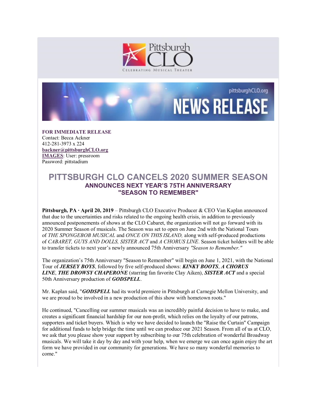 Pittsburgh Clo Cancels 2020 Summer Season