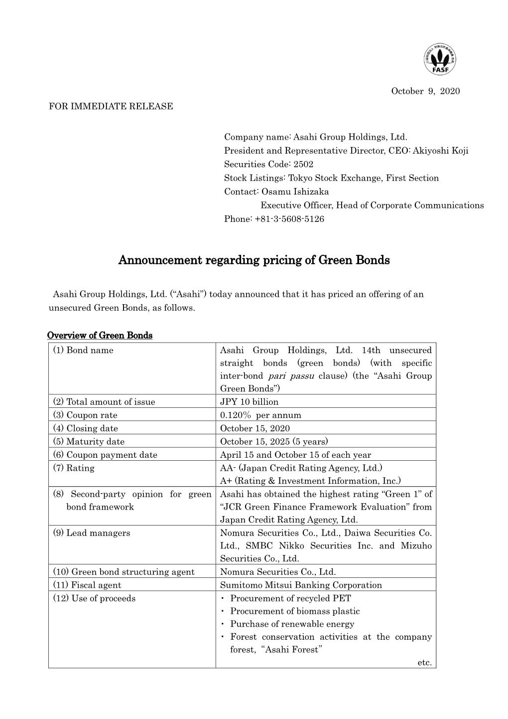 Announcement Regarding Pricing of Green Bonds