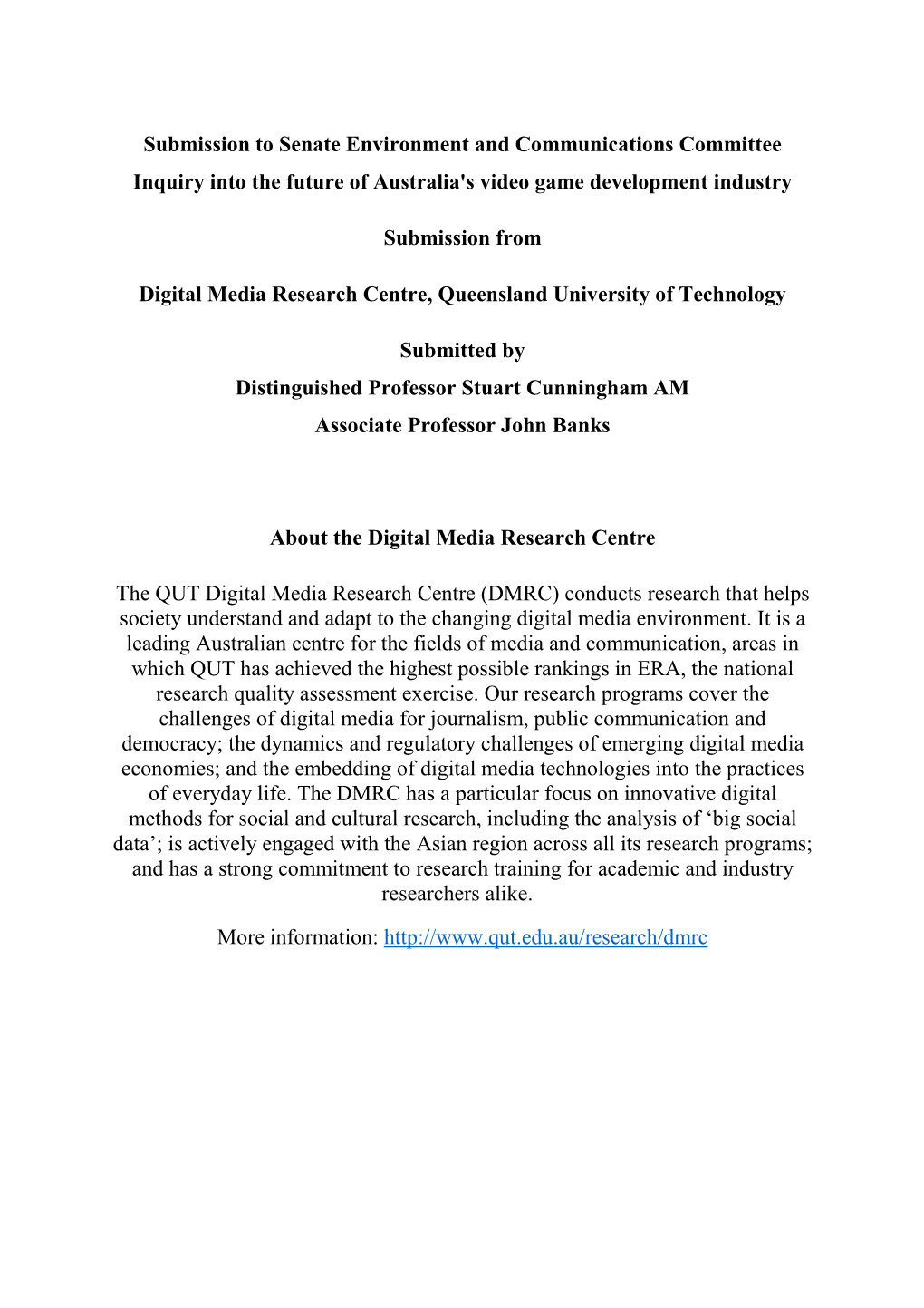 Submission to Senate Environment and Communications Committee Inquiry Into the Future of Australia's Video Game Development Industry