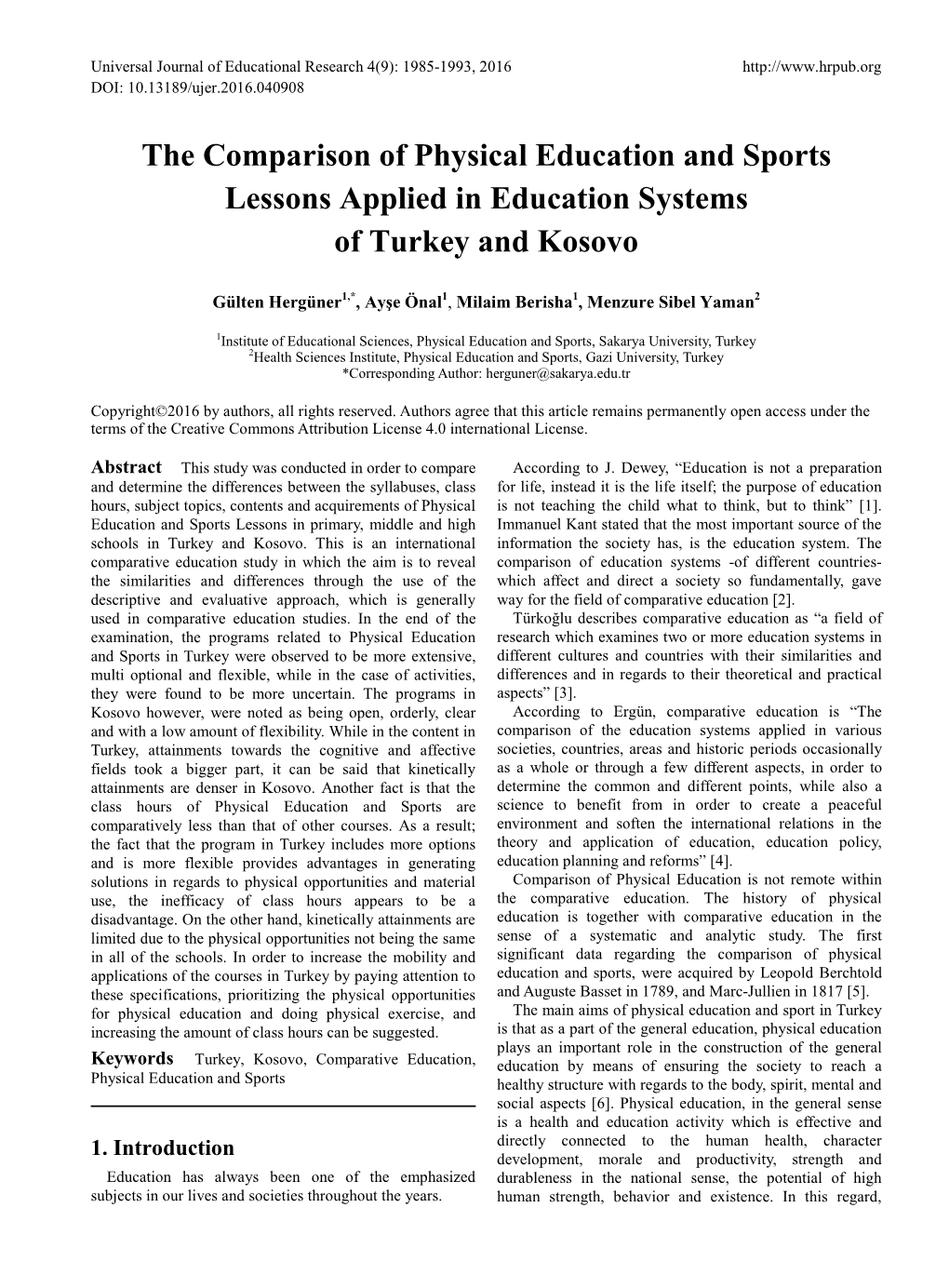 The Comparison of Physical Education and Sports Lessons Applied in Education Systems of Turkey and Kosovo