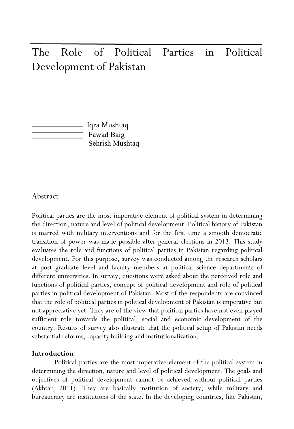 The Role of Political Parties in Political Development of Pakistan