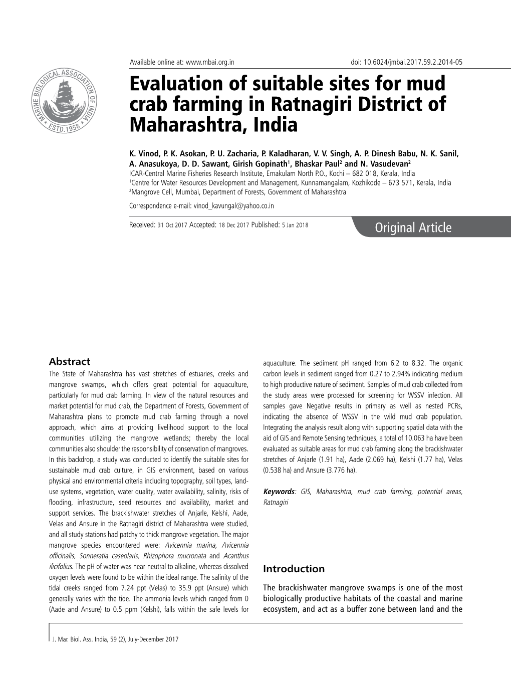 Evaluation of Suitable Sites for Mud Crab Farming in Ratnagiri District of Maharashtra, India