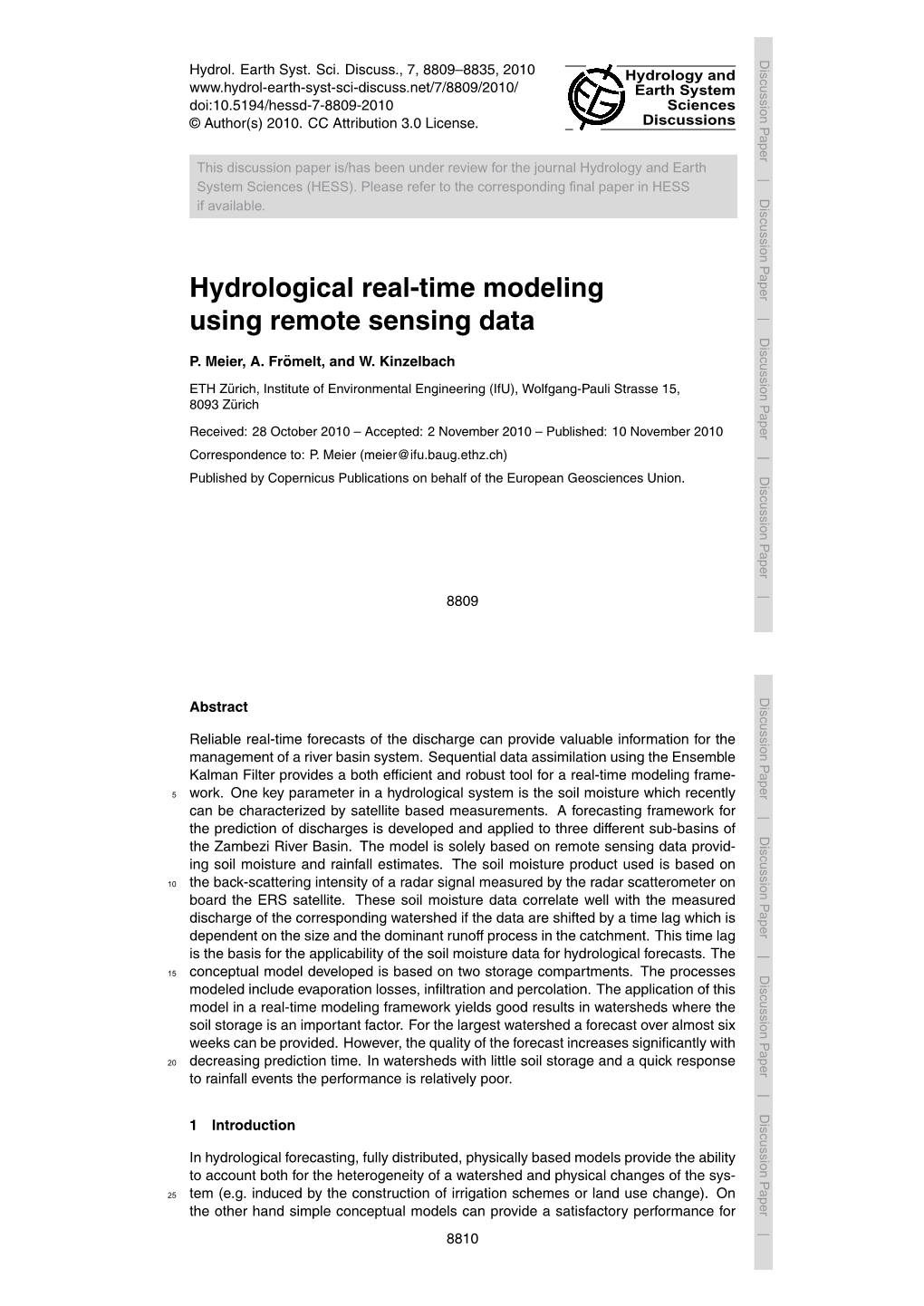 Hydrological Real-Time Modeling Using Remote Sensing Data P