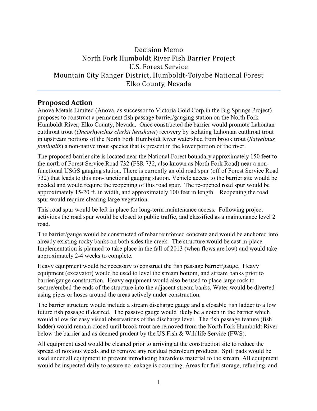 Decision Memo North Fork Humboldt River Fish Barrier Project U.S. Forest Service Mountain City Ranger District, Humboldt-Toiyabe National Forest Elko County, Nevada