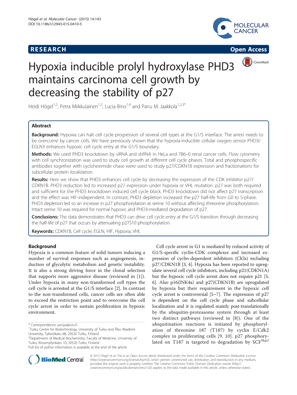 Hypoxia Inducible Prolyl Hydroxylase PHD3 Maintains Carcinoma Cell