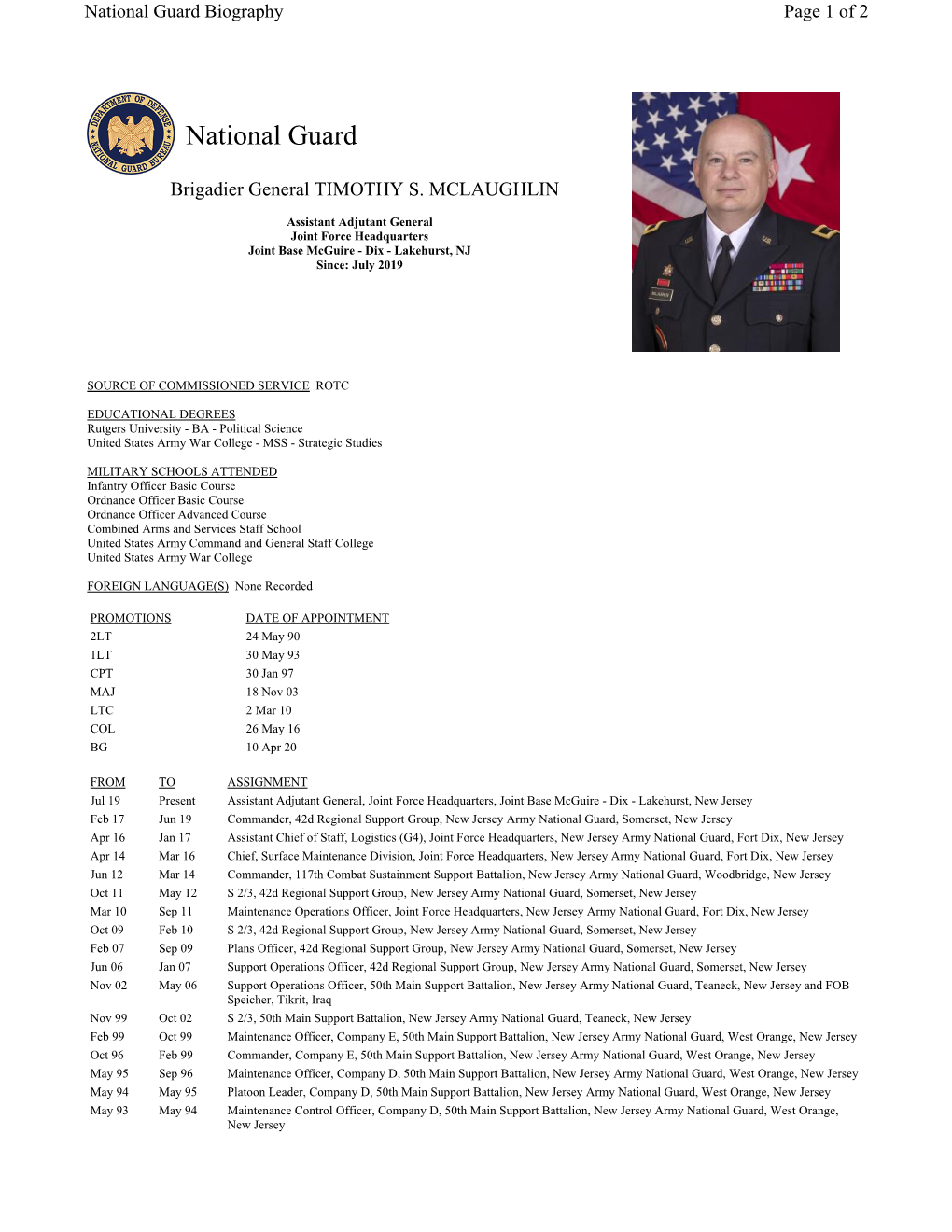 National Guard Biography Page 1 of 2