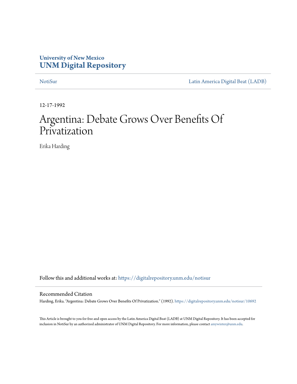 Argentina: Debate Grows Over Benefits of Privatization Erika Harding