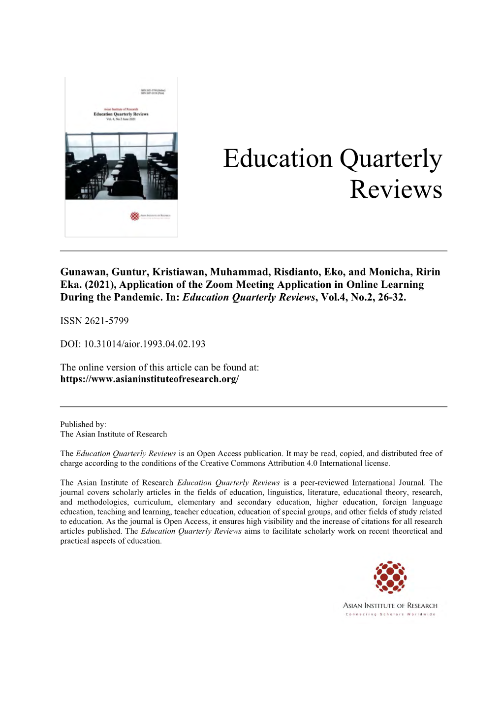 Education Quarterly Reviews