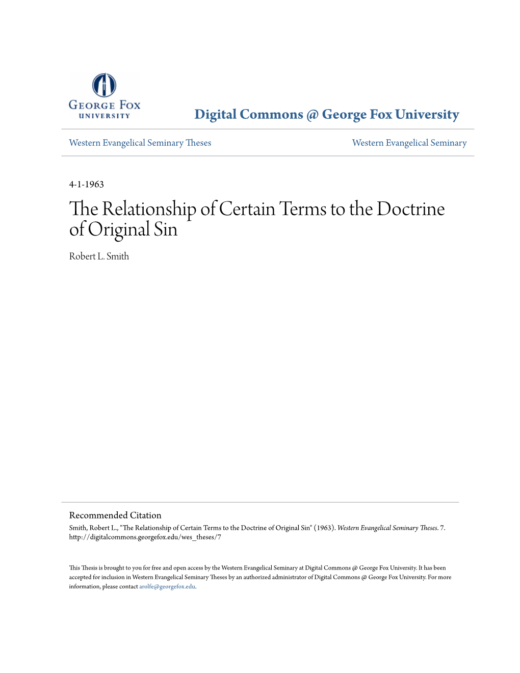 The Relationship of Certain Terms to the Doctrine of Original Sin Robert L