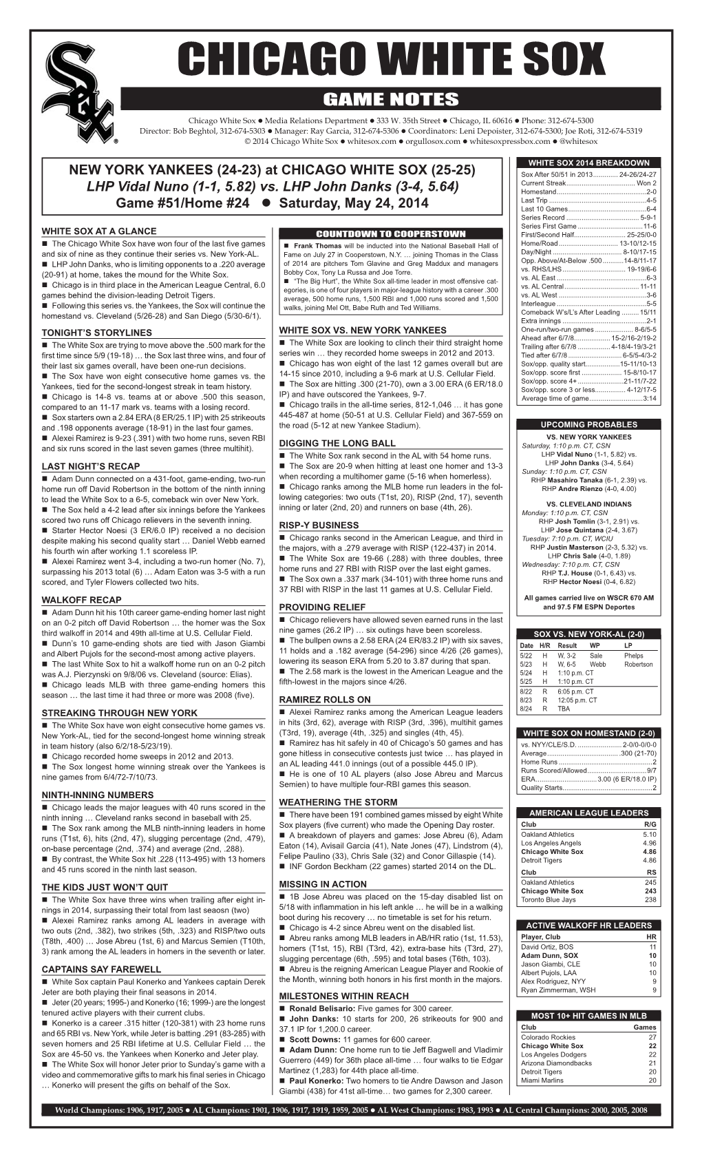 Chicago White Sox Game Notes