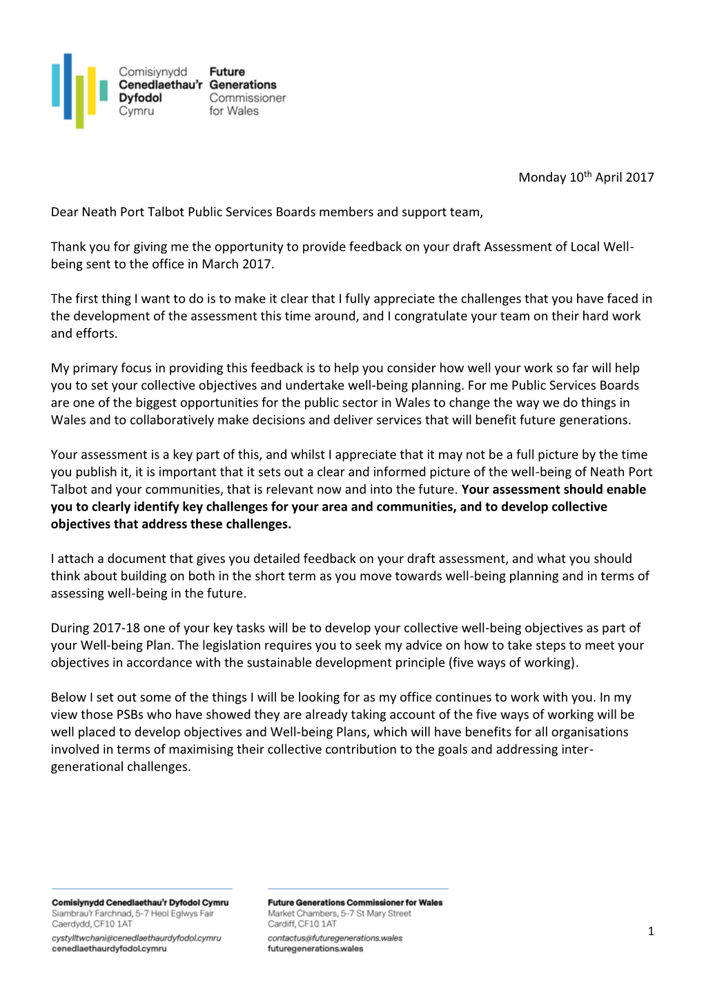 Monday 10Th April 2017 Dear Neath Port Talbot Public Services Boards