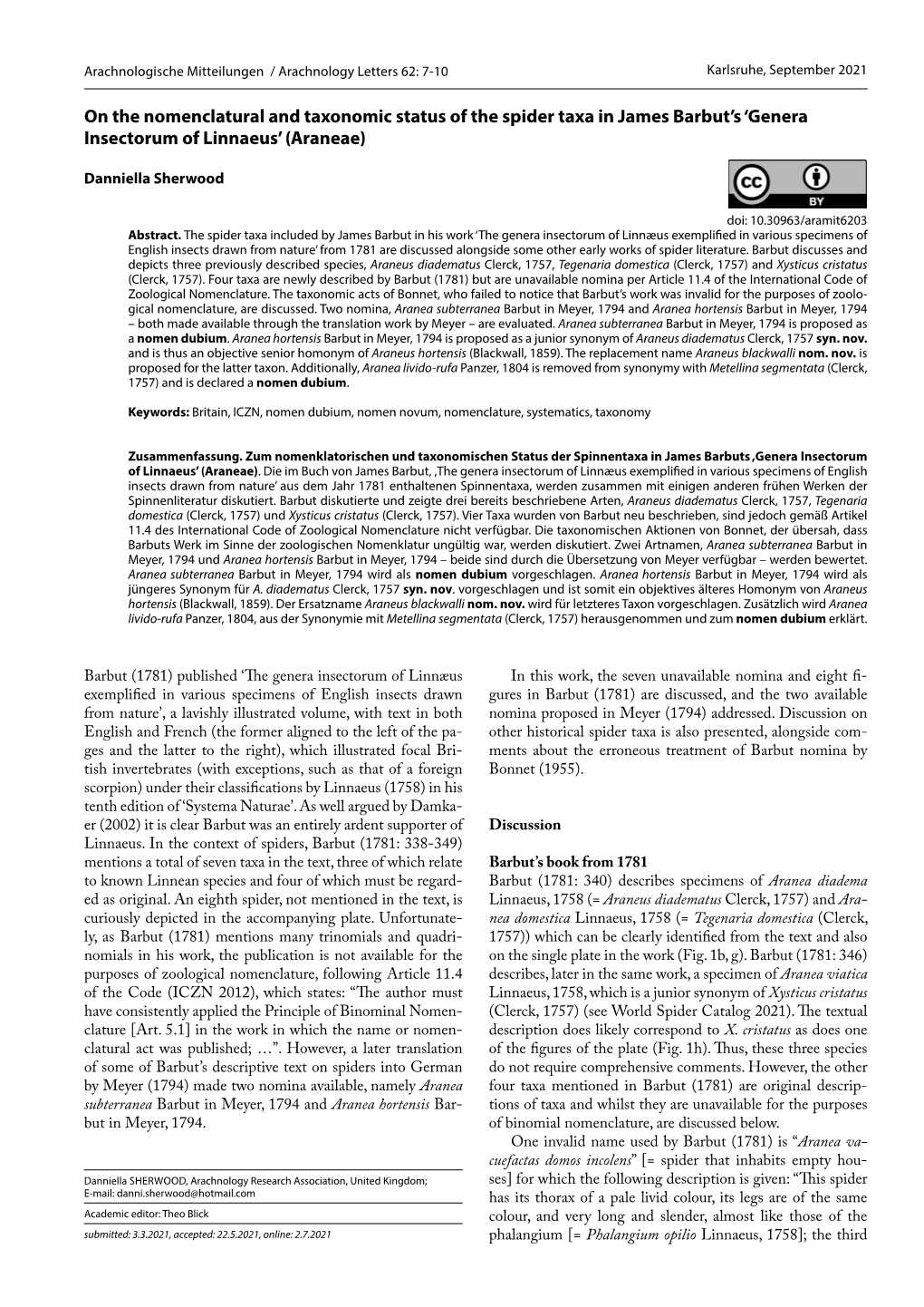 On the Nomenclatural and Taxonomic Status of the Spider Taxa in James Barbut’S ‘Genera Insectorum of Linnaeus’ (Araneae)