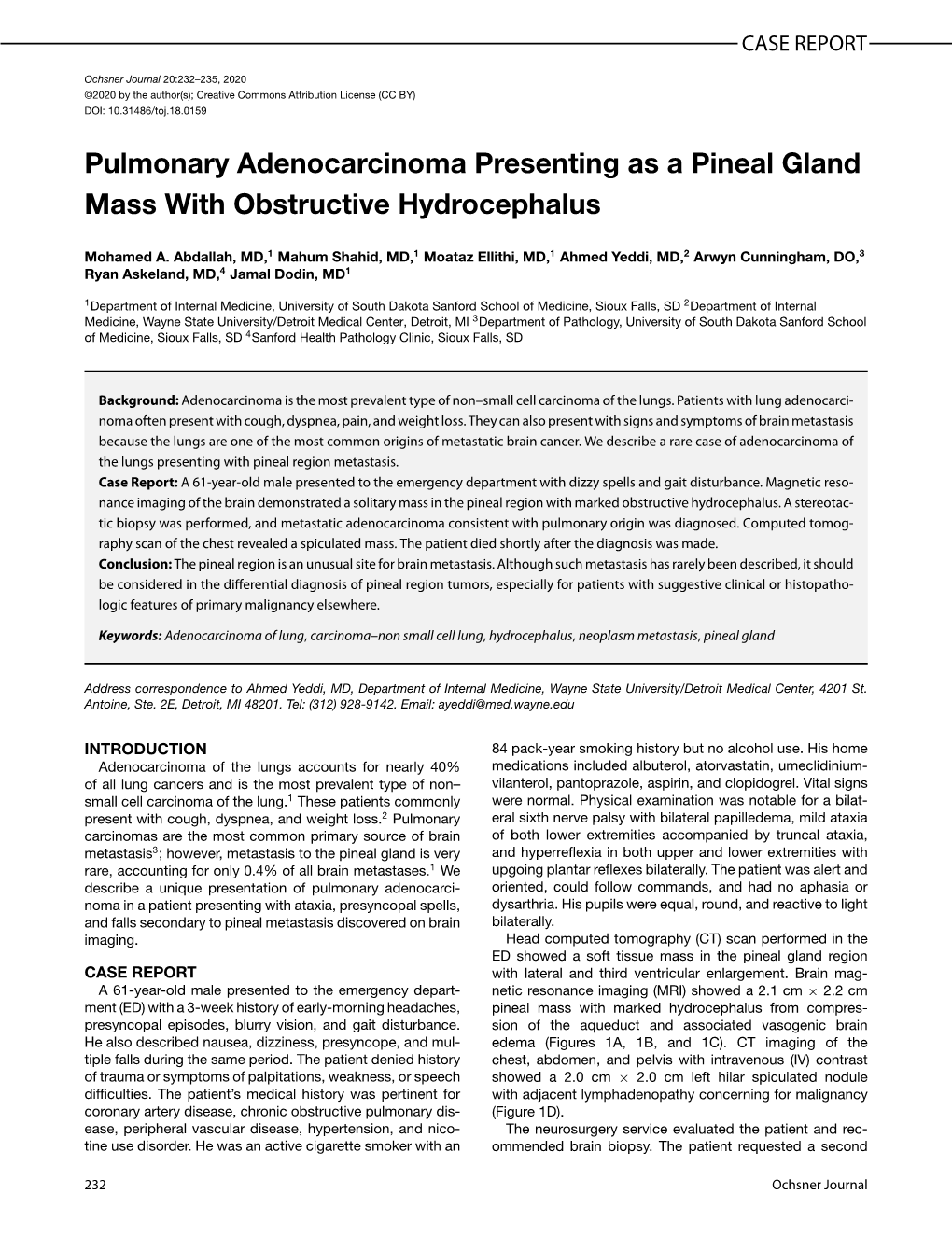 Pulmonary Adenocarcinoma Presenting As a Pineal Gland Mass with Obstructive Hydrocephalus