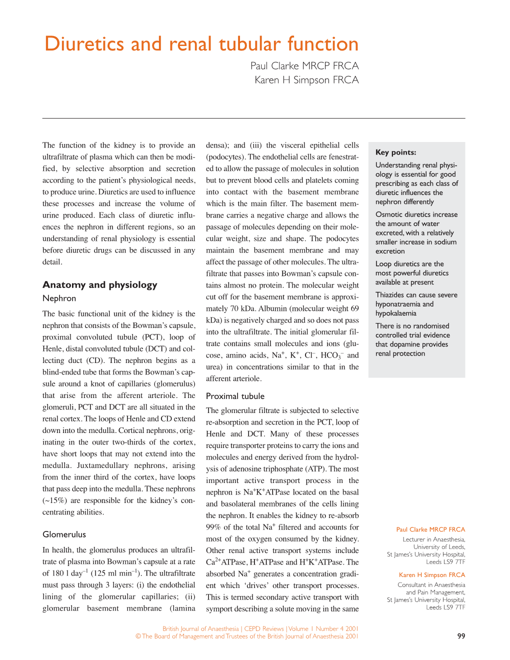 Diuretics and Renal Tubular Function Paul Clarke MRCP FRCA Karen H Simpson FRCA