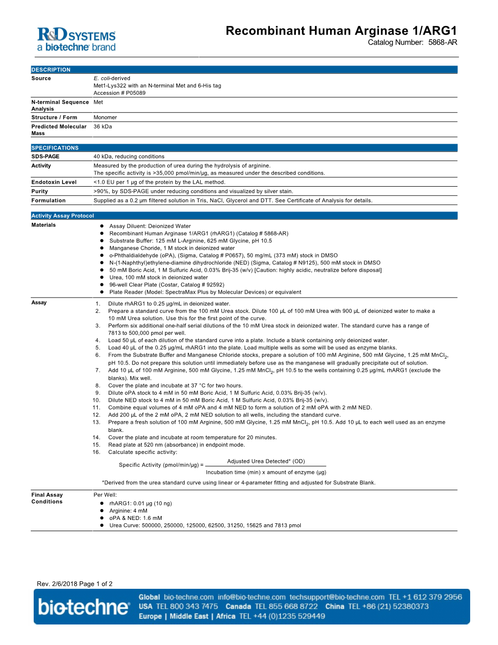 Recombinant Human Arginase 1/ARG1 Catalog Number: 5868-AR