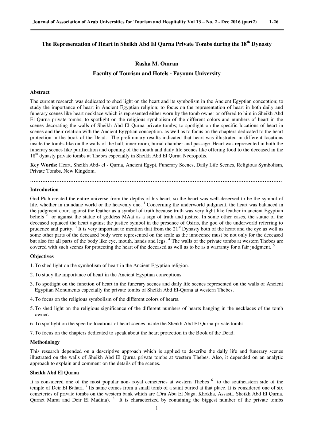 1 the Representation of Heart in Sheikh Abd El Qurna Private Tombs During the 18Th Dynasty Rasha M. Omran Faculty of Tourism