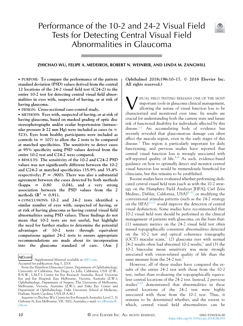 Performance of the 10-2 and 24-2 Visual Field Tests for Detecting Central Visual Field Abnormalities in Glaucoma