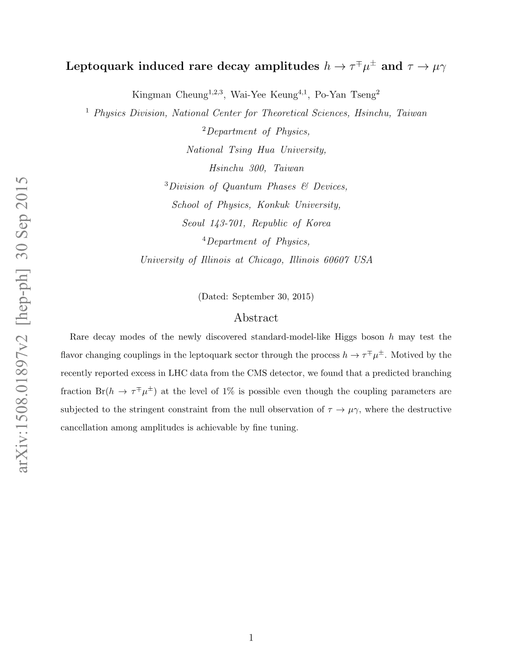 Arxiv:1508.01897V2 [Hep-Ph] 30 Sep 2015