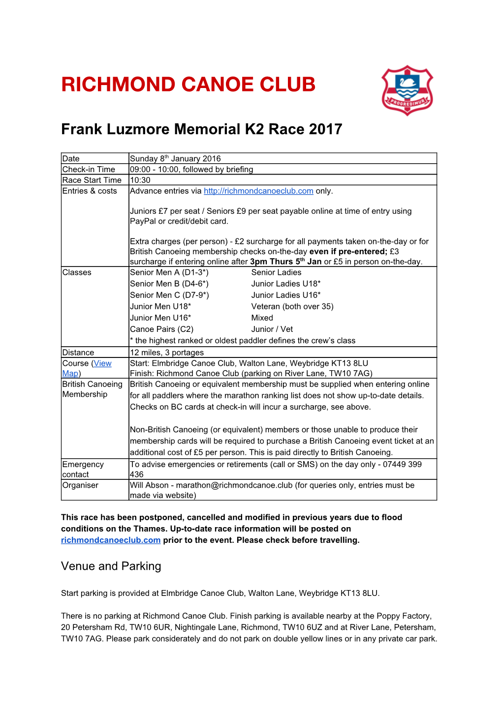 RICHMOND CANOE CLUB Frank Luzmore Memorial K2 Race 2017