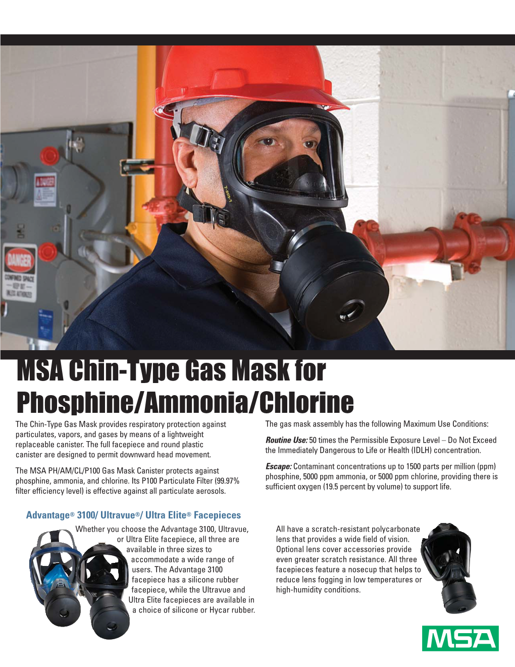 MSA Chin-Type Gas Mask for Phosphine/Ammonia/Chlorine