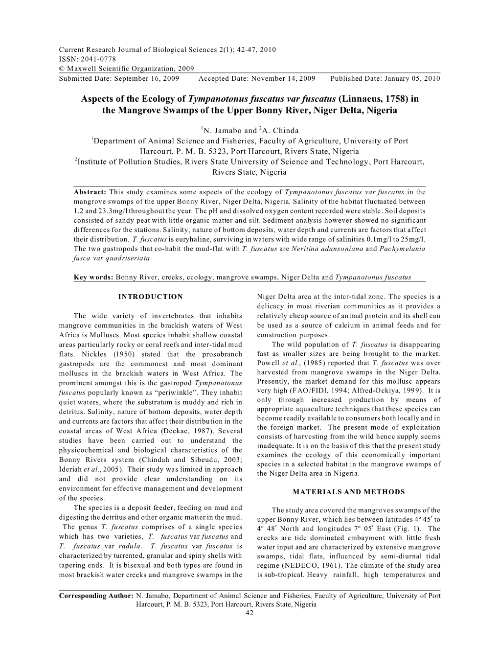 Aspects of the Ecology of Tympanotonus Fuscatus Var Fuscatus (Linnaeus, 1758) in the Mangrove Swamps of the Upper Bonny River, Niger Delta, Nigeria